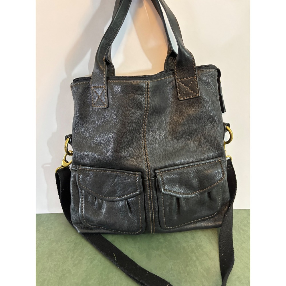 Vintage Fossil Black Leather Crossbody Bag Y2K Tote Handbag Brown Stitching
